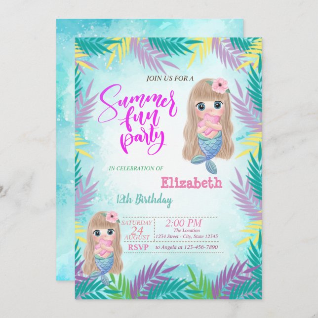 Baby Mermaid Blume Summer Birthday Party Einladung (Vorne/Hinten)