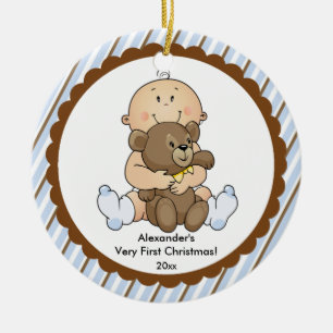 Baby mit Bär Baby's erstes Weihnachtsbaum-Ornament Keramik Ornament