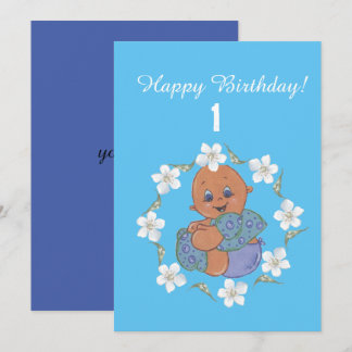 Baby mit blauem Kleidungsstück - Happy Geburtstags Einladung