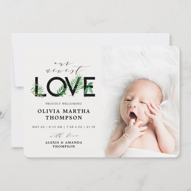 Baby Modern Tropical Greenerenerity Foto Birth Ankündigung (Vorderseite)