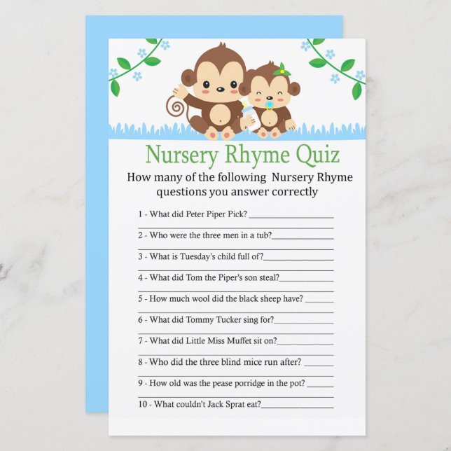 Baby Monkey Kinderzimmer Rhyme Quiz Babyduschenspi (Vorne/Hinten)