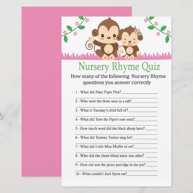 Baby Monkey Kinderzimmer Rhyme Quiz Babyduschenspi (Vorne/Hinten)