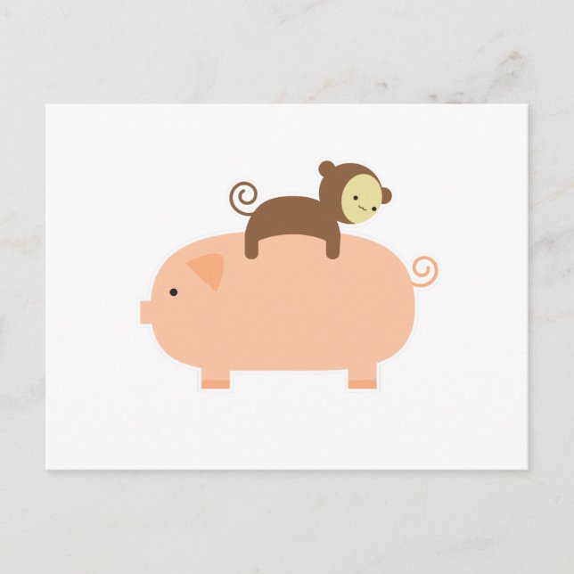 Baby Monkey Riding on a Pig Postkarte (Vorderseite)