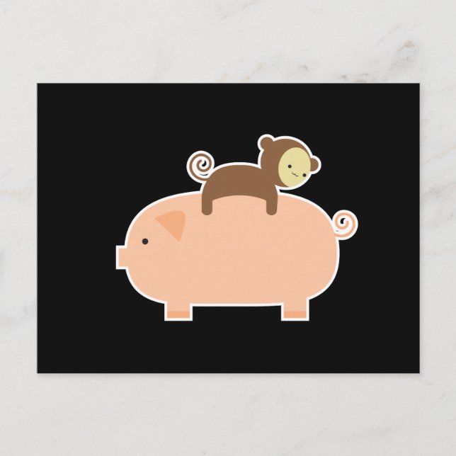 Baby Monkey Riding on a Pig Postkarte (Vorderseite)