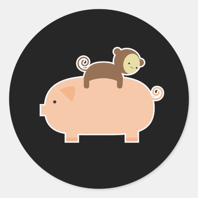 Baby Monkey Riding on a Pig Runder Aufkleber (Vorderseite)
