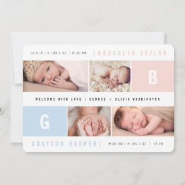 Baby Monogram Girl Twins 4 Multi Foto Birth Ankündigung