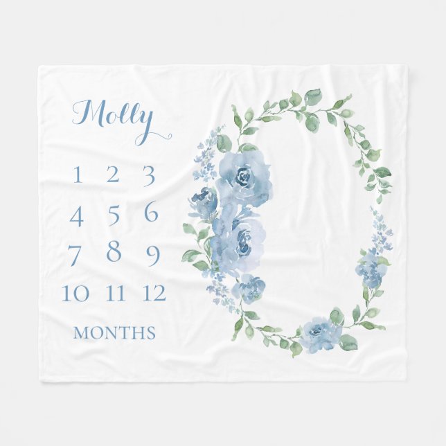 Baby Months Blue Floral Mit Monogramm Fleecedecke (Vorderseite (Horizontal))