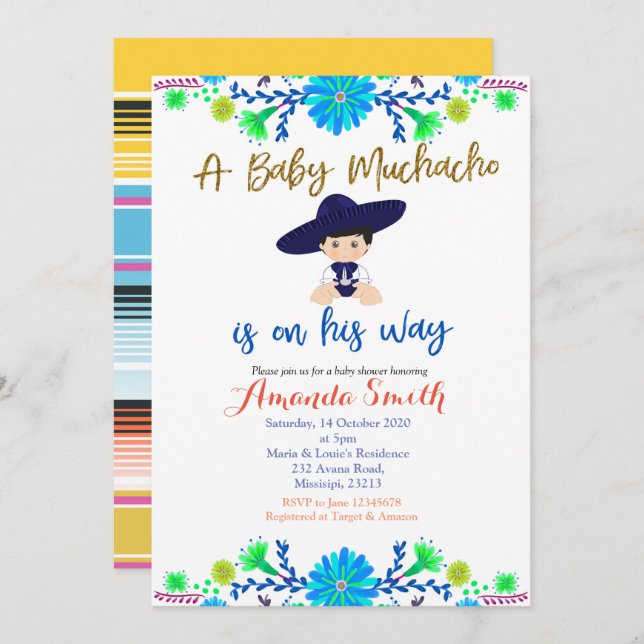 Baby Muchacho Fiesta Kinderdusche Einladung (Vorne/Hinten)