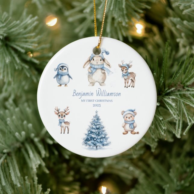 Baby My 1st Christmas Custom Woodland Blue Keramik Ornament (Baum)