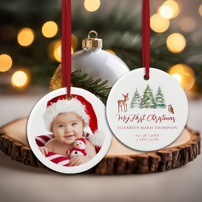 Baby My First Christmas Deer Owl Woodland Photo  Keramik Ornament (baby my first christmas ornament woodland deer owl trees baubles photo template red calligraphy)