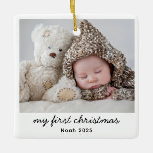 Baby My First Christmas Foto Modern Script Name Keramikornament
