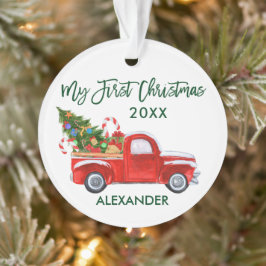 Baby My First Christmas Red Truck Green Script Ornament