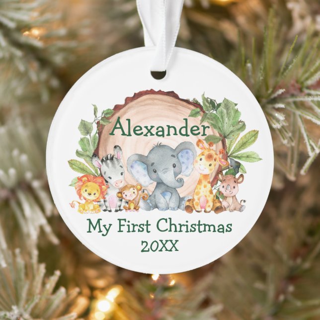 Baby My First Christmas Safari Tiere Grüne Ornament (Baum)