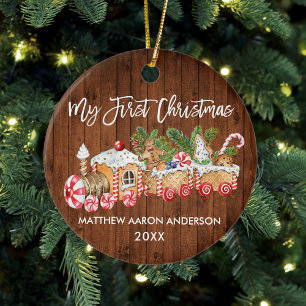 Baby My First Christmas Wood Gingerbread Zug Keramik Ornament
