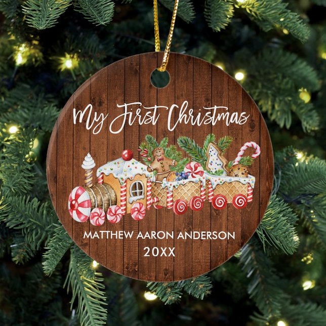Baby My First Christmas Wood Gingerbread Zug Keramik Ornament (Baby's First Christmas Candy Cane Train Ornament)