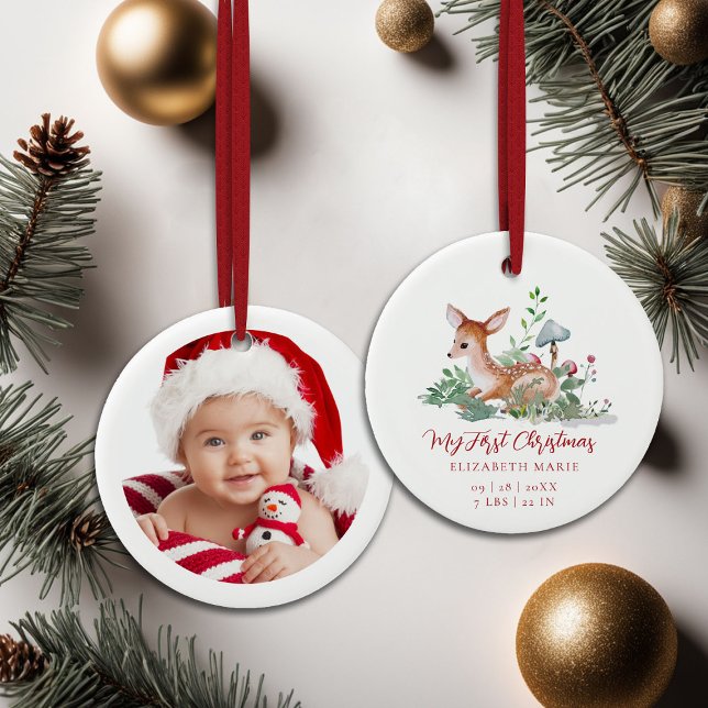 Baby My First Christmas Woodland Deer Photo  Keramik Ornament (baby my first christmas ornament woodland deer mushrooms photo template red calligraphy)