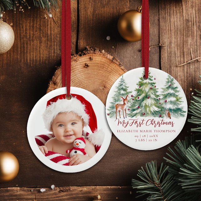 Baby My First Christmas Woodland Owl Deer Photo  Keramik Ornament (baby my first christmas ornament woodland deer owl frozen wonderland photo template red calligraphy)