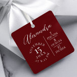 Baby Name & Birth Stats Foto Burgundy Keepake Ornament Aus Metall<br><div class="desc">Ankündigen und begrüßen Sie die Ankunft Ihres neuen Babys mit unserer einfachen und modernen Ankündigung der Geburt halten Sake-Ornament. Das schlichte und elegante Design zeigt den Namen des Babys in der Schrift, das Geburtsdatum, die Geburtszeit und die Geburtsdaten schön an. Die Hintergrundfarbe lässt sich leicht ändern, indem Sie auf Details...</div>