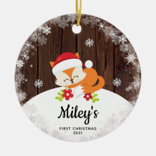 Baby Name First Christmas Fox Snowflake Wood Keramik Ornament