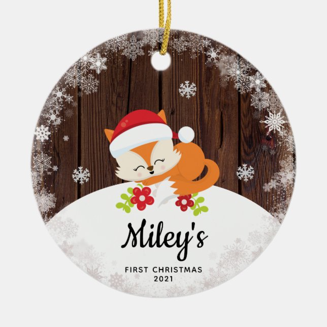 Baby Name First Christmas Fox Snowflake Wood Keramik Ornament (Vorne)