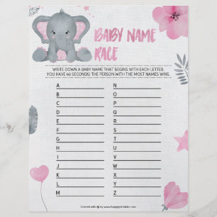 Baby Name Race [Baby Elephant [Pink] Briefbogen