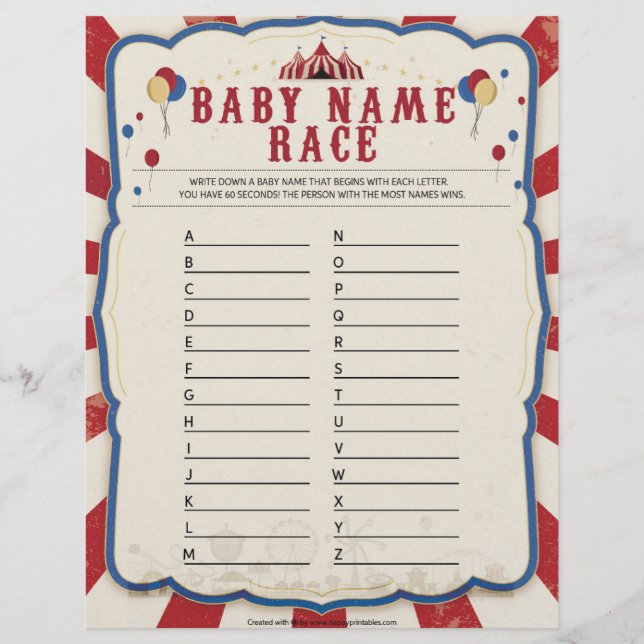 Baby Name Race [Circus Theme] Briefbogen (Vorderseite)