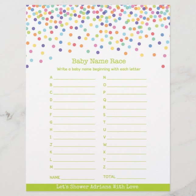 Baby Name Race Confetti Baby Showspiel (Vorderseite)
