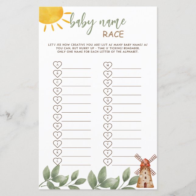 Baby Name Race Game Farm Animals Baby Dusche (Vorderseite)