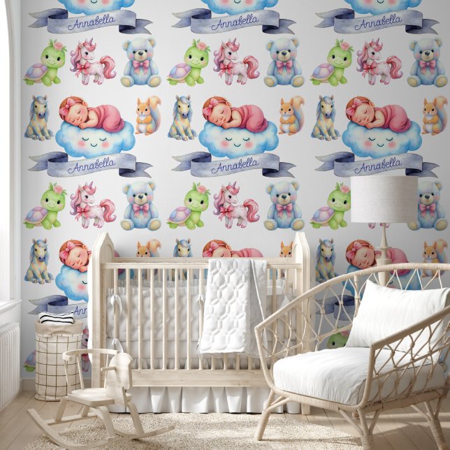 Baby Name Wallpaper Sleeping Baby Animals Pastell Tapete (Kinder)