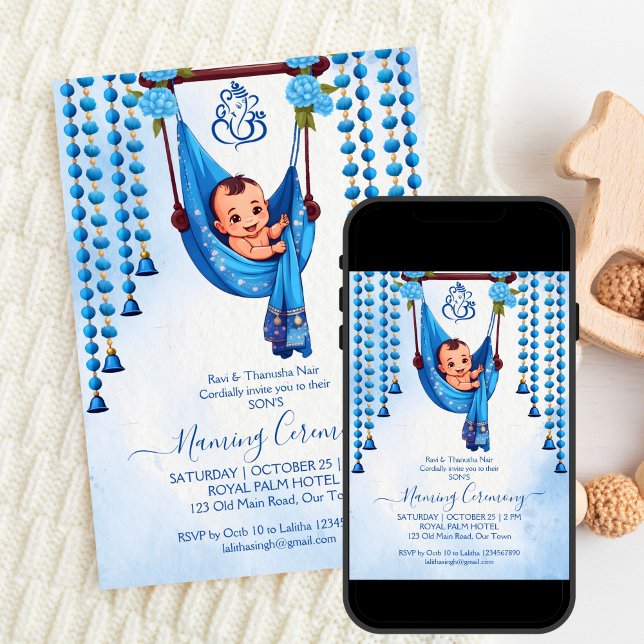 Baby Naming Cradle Indische Zeremonie blaue Vorlag Einladung (Baby Naming Cradle Indian Namkarana Ceremony blue editable template invitation digital download)