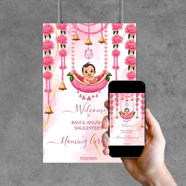 Baby Naming Cradle Indische Zeremonie Rosa Begrüßu Poster (Baby Naming Cradle Indian Namkaran Ceremony pink welcome sign editable template Poster digital downl)