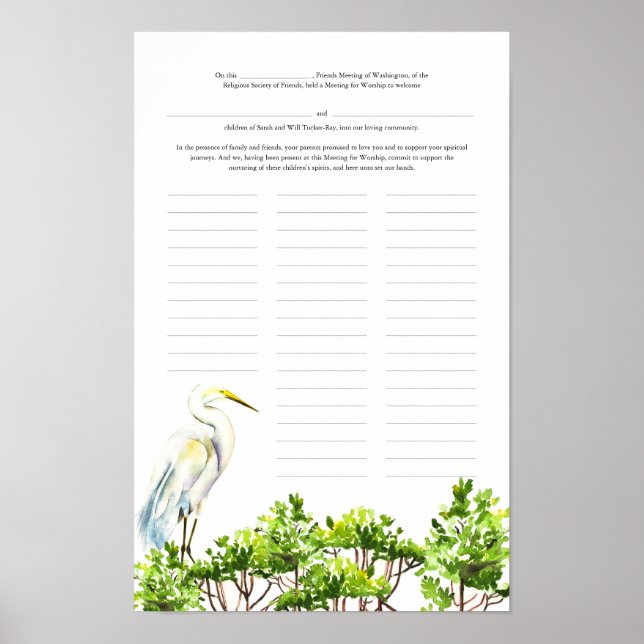 Baby Naming Day Certificate White Heron Mangrove Poster (Vorne)