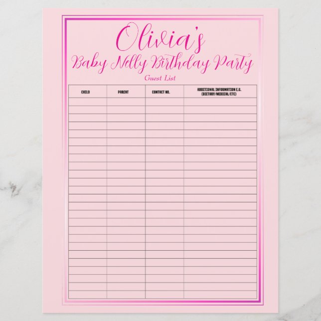 Baby Nelly Birthday Party Guest List (Vorderseite)