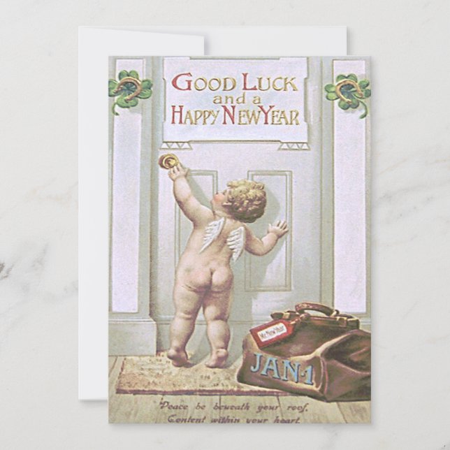 Baby New Year Cherub Angel Vierblättriges Kleeblat Einladung (Vorderseite)