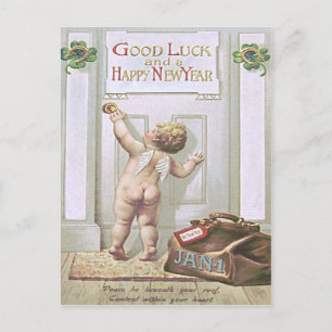 Baby New Year Cherub Angel Vierblättriges Kleeblat Feiertagspostkarte
