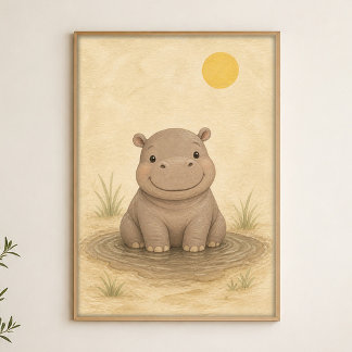 Baby-Nilpferd-Pfützen-Wasserfarben-Whimsical-Kunst Poster