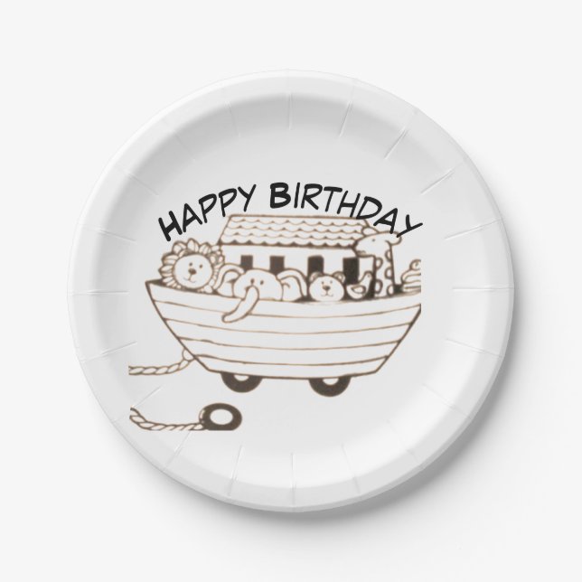 Baby Noah Ark with curved Happy Birthday design Pappteller (Vorderseite)