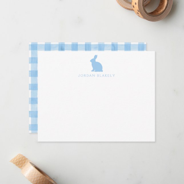 Baby Note Card, Light Blue Bunny Gingham Flat Mitteilungskarte (Vorderseite/Rückseite Beispiel)