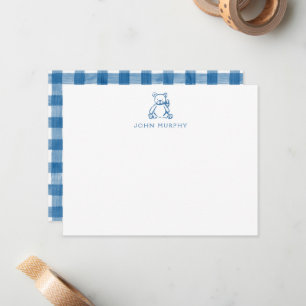 Baby-Notizkarte, Blaues Teddybär-Gingham Flach Mitteilungskarte