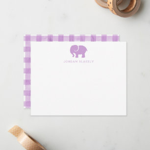 Baby Notizkarte, Lila Elefant Gingham Flach Mitteilungskarte