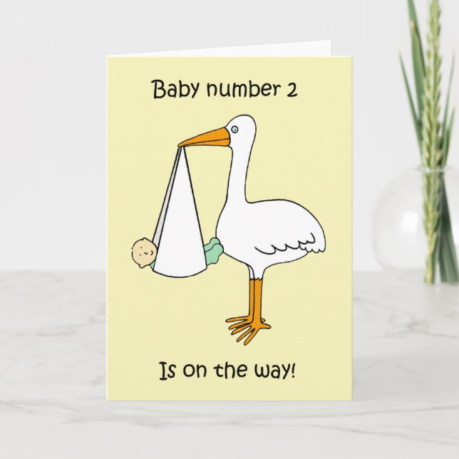 Baby Nummer 2 ist On Way Cartoon Stork Karte (Vorderseite)