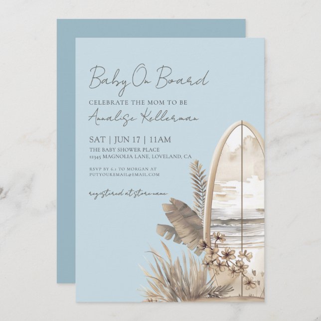 Baby On Board Blue Boho Beach Baby Shower Einladung (Vorne/Hinten)