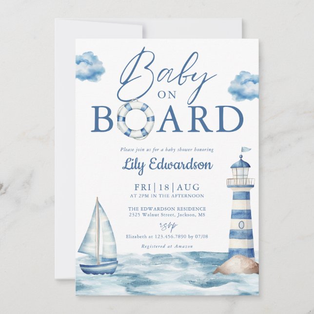 Baby On Board Blue Nautical Baby Shower Einladung (Vorderseite)