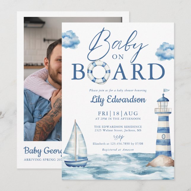 Baby On Board Nautical Shower Photo QR Code Einladung (Vorne/Hinten)