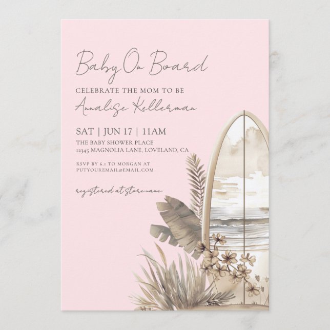 Baby On Board Pink Boho Beach Baby Shower Einladung (Vorderseite)
