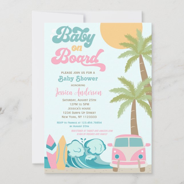 Baby on board Surf Baby Shower Invitations Girl Einladung (Vorderseite)