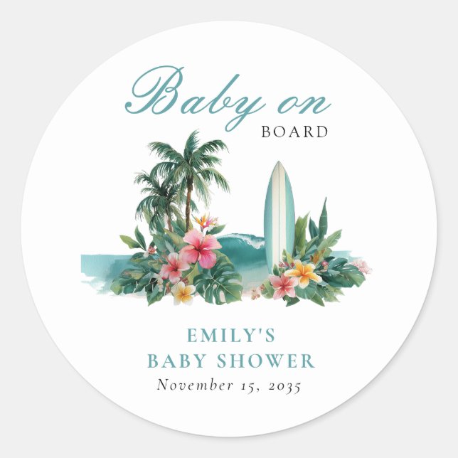 Baby On Board Surf Beach Baby Shower Runder Aufkleber (Vorderseite)