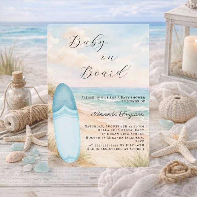 Baby on Board surfboard blue boy beach Baby Shower Einladung (Von Creator hochgeladen)