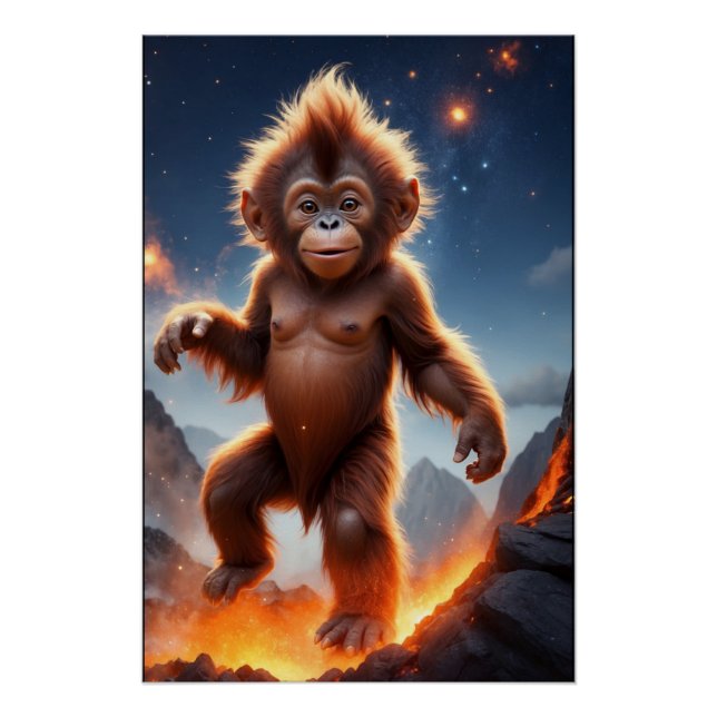 Baby Orangutan und Vulkan Poster (Vorderseite)