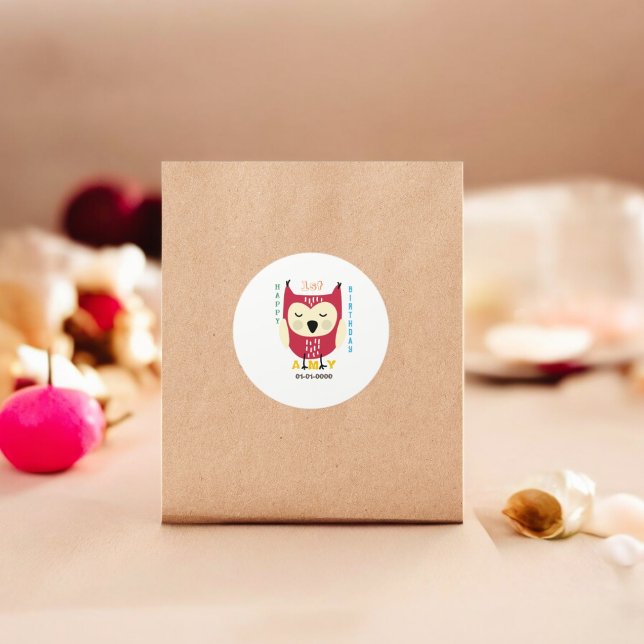 Baby Owl 1. Geburtstag Runder Aufkleber (baby Owl party theme sticker,birthday party sticker,gift pack,envelope,return gift sticker)